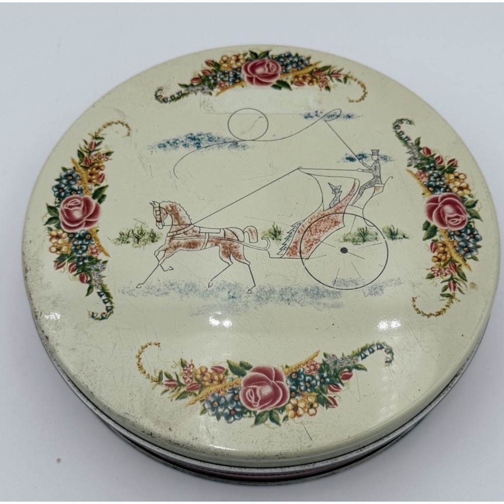 Vintage Round Tin Canister Horse And Carriage Red Roses Flowers Cottage Storage